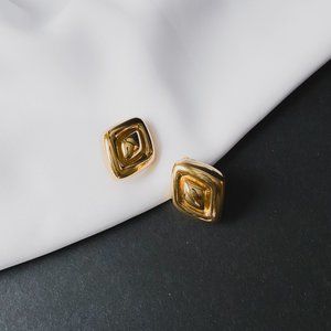 St John Vintage Chunky Shiny Gold Tone Diamond Button Clip On Statement Earrings